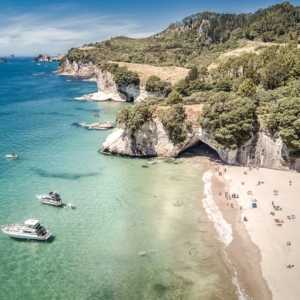 Arial view of Cathedral cove in Coromandel Peninsula, New Zealand